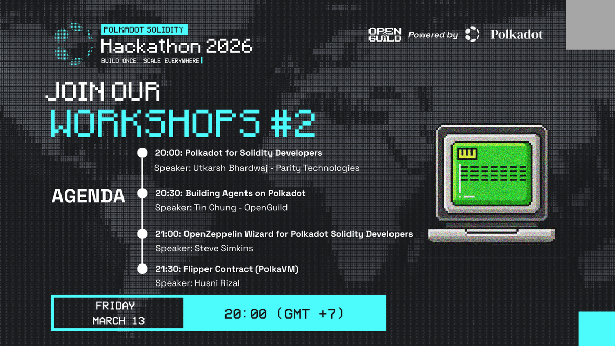 openguildwtf's tweet photo. Workshop #2 is coming tomorrow

📅 March 13
⏰ 20:00 (GMT+7)

In this session, builders will explore how to develop on @Polkadot — from understanding the ecosystem for Solidity developers to building agents and using powerful dev tools.

Agenda

20:00 — @ub2262000 — Software Engineer, @paritytech
20:30 — @chungquantin - DevRel Lead, OpenGuild
21:00 — Steve -  DevRel @OpenZeppelin
21:30 — @0x_pastaMan  — Software Engineer, Polkadot UX Bounty

Join the workshop, claim your POAP, and get a chance to win $100