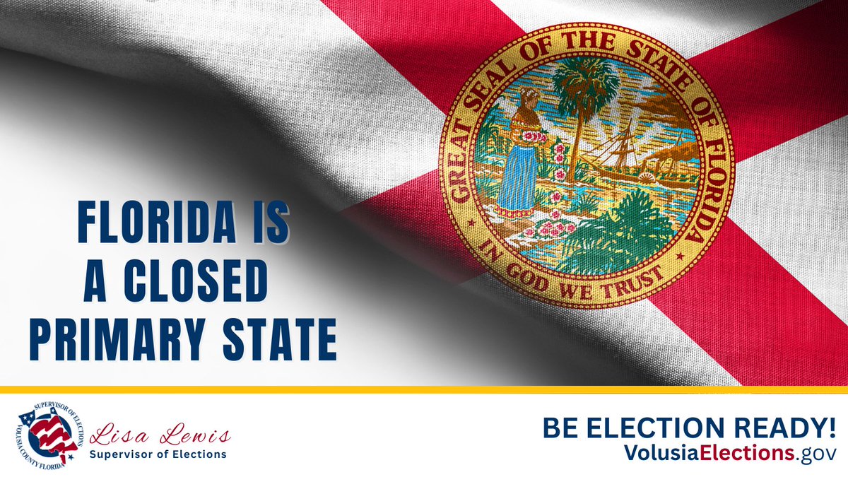 vcelections's tweet photo. Florida is a closed primary state.

That means voters must be registered with a political party to vote in that party's primary election.

Check your status, and update your party at https://t.co/kc7VSVphu8. https://t.co/b8ne8eN9Iy