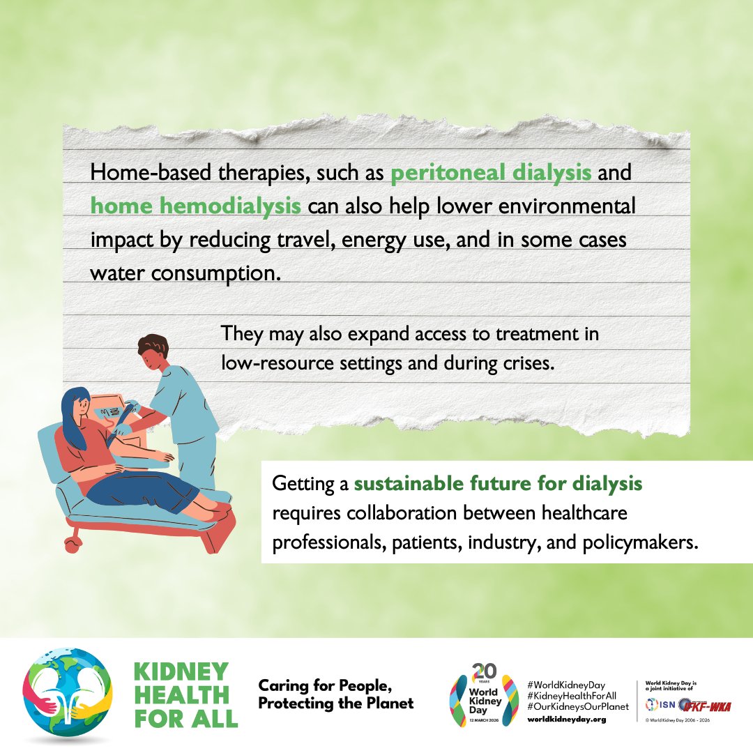 worldkidneyday's tweet photo. ♻️ Dialysis is a life-saving treatment for people with kidney failure. However, like many healthcare therapies, it also has an environmental footprint. On the other hand, green dialysis aims to reduce water use, energy consumption, and waste while maintaining safe, high-quality care. Through innovation and collaboration, kidney treatment can become more sustainable for the future.

#WorldKidneyDay #OurKidneysOurPlanet #KidneyHealthForAll