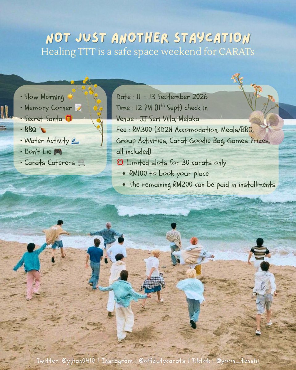 It’s finally happening again.

TTT 3.0 🏡
3 days • 2 nights • CARAT staycation

Games, food, late night talks, and chaos just like TTT.

Limited slots available. Once it’s full, it’s full.

Registration link opens soon. Stay tuned.

#OFFDUTYCARATS #CaratTTT #SEVENTEEN