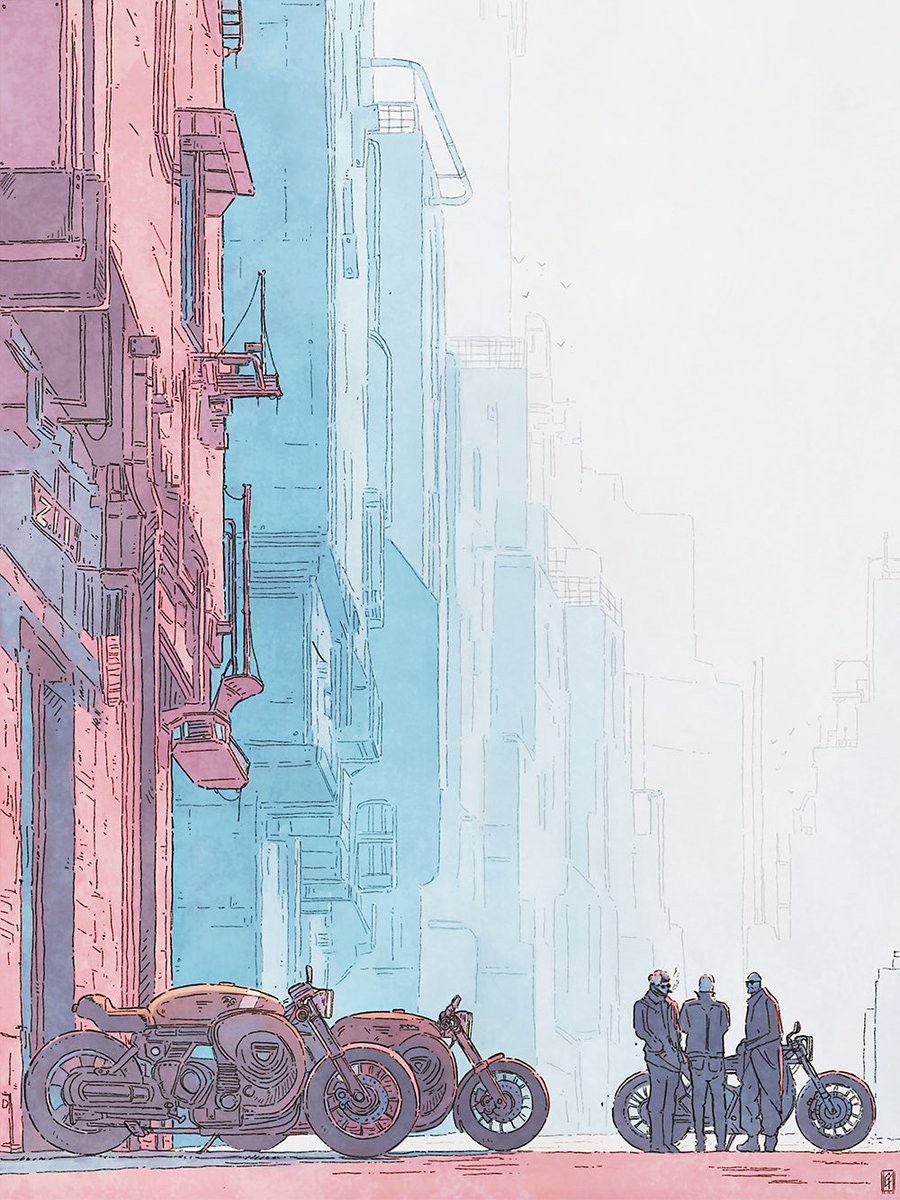 #bikers hanging out before a #ride in a #scifi setting, two themes I enjoy #ink #illustration