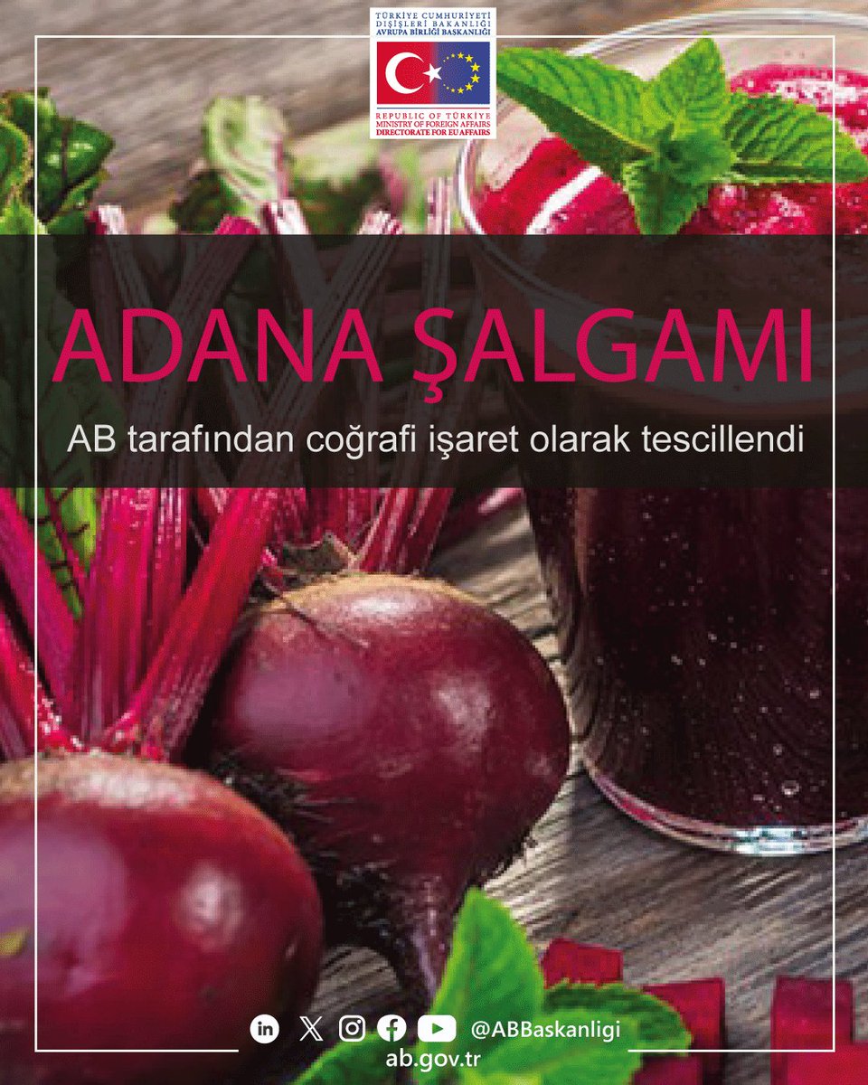 ABBaskanligi's tweet photo. Çukurova’nın bereketli topraklarından çıkan “Adana Şalgamı” nın mahreç işareti olarak AB’de tesciliyle birlikte AB’de coğrafi işaretli ürün sayımız 45’e ulaştı. @adanaticodasi @TURKPATENT @TCSanayi  @TCTarim @EUDelegationTur #EUQuality https://t.co/ZkDKReX8R3