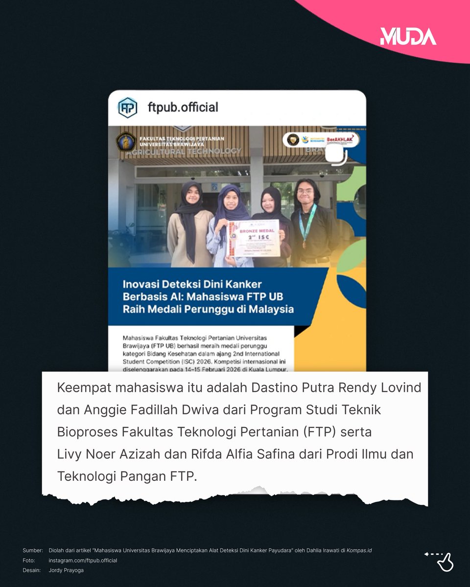 kompasmuda's tweet photo. Dari keresahan itu, empat mahasiswa Fakultas Teknologi Pertanian (FTP) Universitas Brawijaya @UB_Official menciptakan inovasi brilian💡

#MudaKuliah #AdadiKompas #BUDDY #KankerPayudara #UniversitasBrawijaya

🔗 https://t.co/udD4yHvrOk https://t.co/cuTRIXooi0