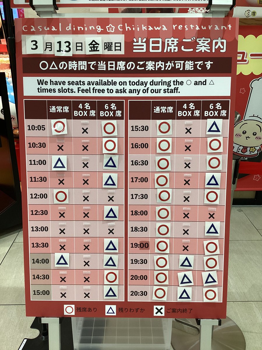 #ちいかわレストラン 沖縄PARCO CITY店🌺

3/13（金）当日券のご案内

○△の時間でカフェの当日券をご用意しております🍒
ご希望のお客様は店頭スタッフへお声がけくださいませ☺️
なお、予定枚数に達し次第終了となりますので予めご了承くださいませ🙇‍♀️