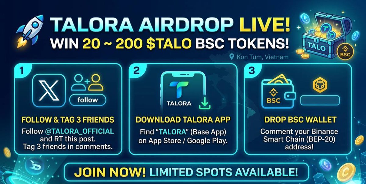 🚀 $TALO AIRDROP IS LIVE! 🚀
Get 20 ~ 200 $TALO (BSC) + 5 $TAL (BASE) instant bonus! 💎
Rules:
✅ 🪂 Drop your $BSC (BNB) 👇 &amp; RT
✅ Tag 3 Friends
✅ Download TALORA App (Base): 👉 
talotech.org/app
referral code : QEM446D4