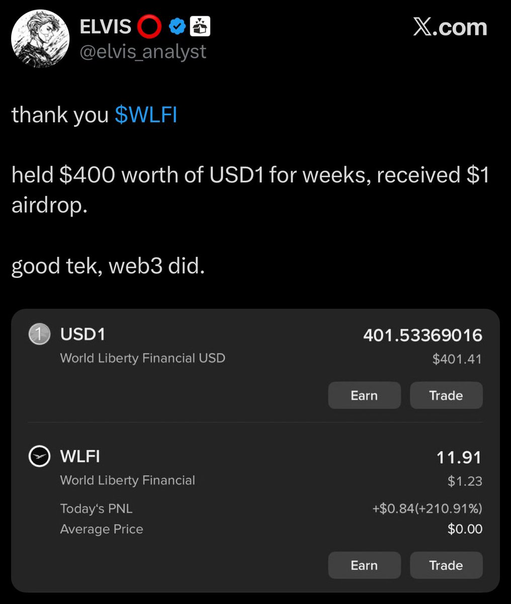 Haylesdefi's tweet photo. everyone keep saying ct is boring these days. 

some already left while some lose opportunities due to the noise.

most don’t know $40M was shared to USD1 holders recently and its happening again!

this time the airdrop is boosted up to 8.18% APR and the good part is its less saturated.

all you need to do is just hold USD1 on binance via spot or futures and earn a share of the 235M $WLFI which is currently $24M.

just simply hold and earn, no BS!