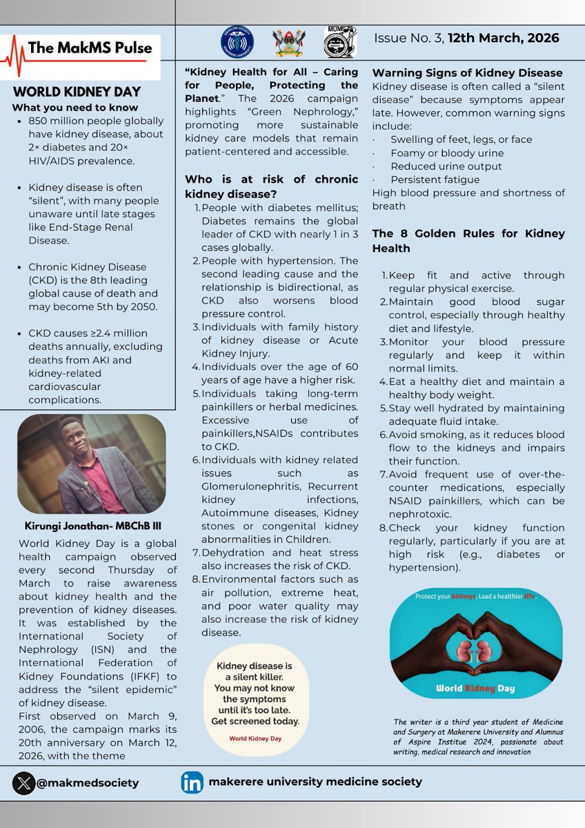 MakMedSociety's tweet photo. New issue of The MakMS Pulse for World Kidney Day 🩺
Learn:
• Who is at risk of CKD
• Warning signs to watch for
• 8 simple rules to protect kidney health
Awareness is the first step toward prevention.
#KnowYourKidneys #KidneyHealth https://t.co/efHzMZU58c