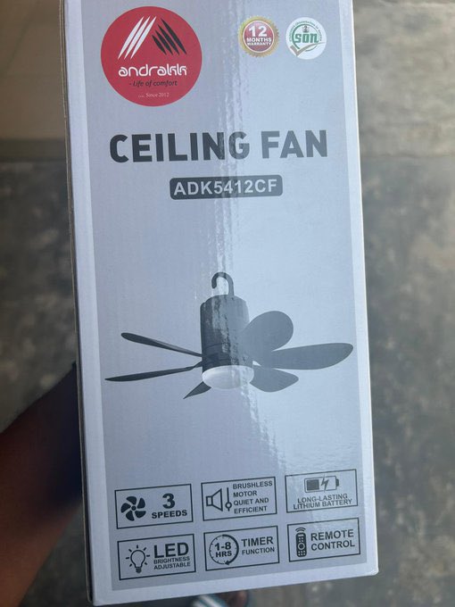 Val_Gadget's tweet image. Andrakk 🔥
Rechargeable Ceiling Fan – 

- Brushless motor (quiet &amp;amp; durable) 
- Long-lasting lithium battery.
- LED flash light with adjustable brightness
- 1 to 8 hours timer function. 
- Remote control included.

🏷️​₦45,000

Video of how it work check quote