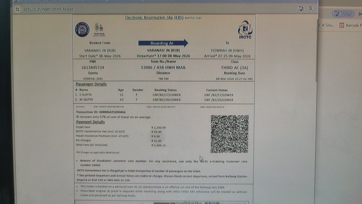 Aakashgpt's tweet photo. @IRCTCofficial @RailMinIndia @RailwaySeva PNR: 2613845724
DOJ: 08/05/2026.

Sir due to typing error Passanger SL. No: 02. Passenger Name: M Gupta. 

Instead of Male, the ticket has been issued to Female, is there any option to modify the same. Pls Help. https://t.co/MaMEcnx8Jz