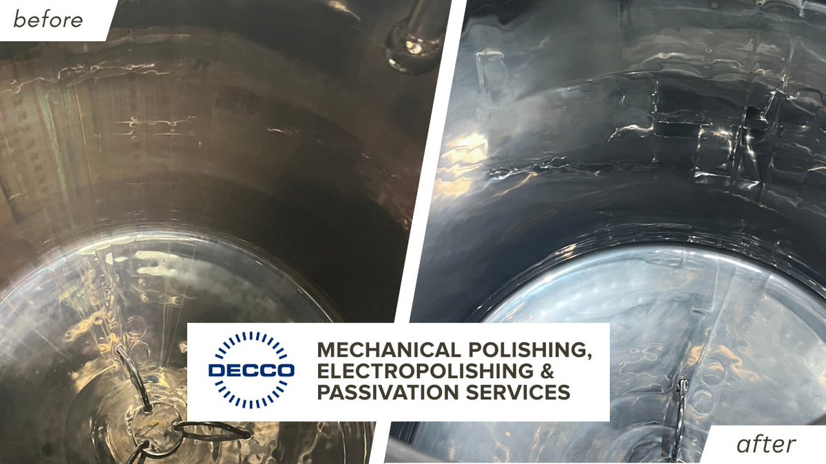 DECCO_Inc's tweet image. Our #HighPurity Services team recently completed #mechanicalpolishing, #electropolishing, and #passivation services on this #process vessel for a #lifesciences client. We improved surface finish designed to support cleanliness, #corrosion resistance, and long-term performance.