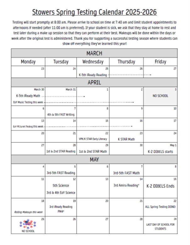 StowersElem's tweet photo. Good morning Stowers families - please see the attached Spring Testing Calendar for important upcoming dates. You can use this to plan your family appointments and events for the last nine weeks as we head into testing season for end of year. Thank you. https://t.co/6yP65TgiOD