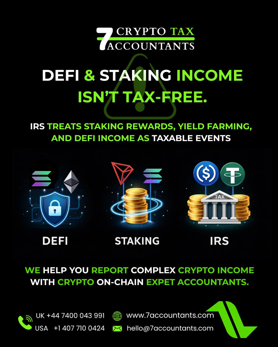 bitcoan's tweet photo. DeFi &amp; staking income isn’t tax free.
USA: +1 407 710 0424
UK: +44 7400 043 991
https://t.co/t2q3k6GHB0
hello@7accountants.com https://t.co/45EzWAUrZw