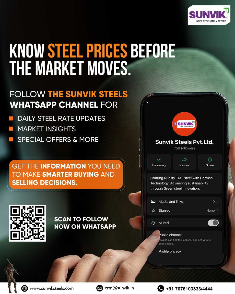 Sunvik_Steels's tweet image. Stay updated with the latest steel prices, market insights, and special offers.

Follow the Sunvik Steels WhatsApp Channel for daily updates.
Join here: bit.ly/4cGqoeq

#SunvikSteels #SteelPrices #MarketUpdates #InnerStrengthMatters