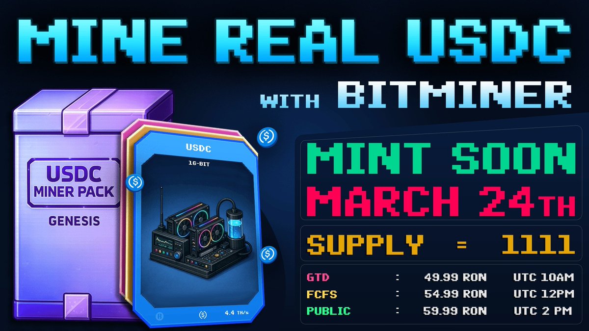 ⛏️ Bitminer Genesis USDC MINER Pack mint is here! 🔥
🗓️Mint Date: 24th March
🖼️Supply: 1111
💎GTD - 49.99 Ron |  FCFS - 54.99 Ron | Public - 59.99 Ron
📜To enter:
☑️Follow <a href="/0xbitminer/">Bitminer</a>
☑️Follow <a href="/TeatwoJ69/">TeatwoJ.ron</a>
💖Like &amp;  🔄️Retweet
🗨️Tag 3  friends
🗨️Drop your Ronin address (no RNS)