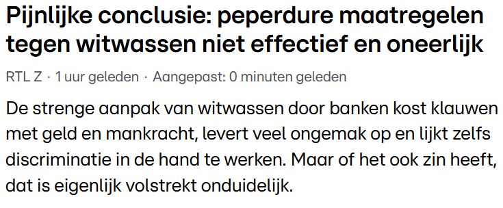 Door banken ALLE ONGEBRUIKELIJKE transacties te scannen,
zijn anti-witwasmaatregelen duur, inefficiënt en discriminerend rtl.nl/nieuws/economi…

Speur liever gericht naar VERDACHTE transacties! #privacy