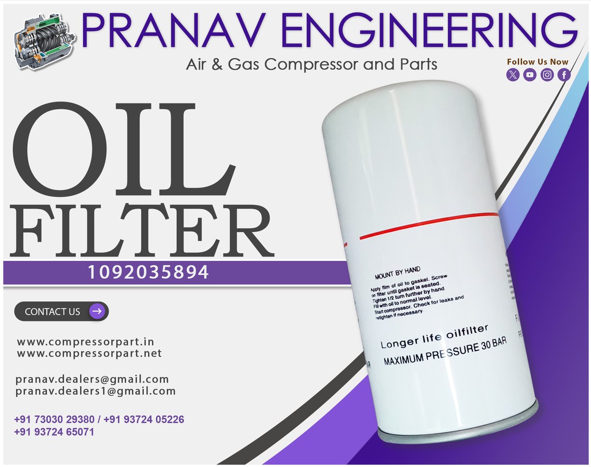 PranavEngg's tweet image. PRANAV ENGINEERING 
OIL FILTER 
1092035894
ORDER NOW!!!
#pranavengineering 
#compressor #compressorparts #airfilteration