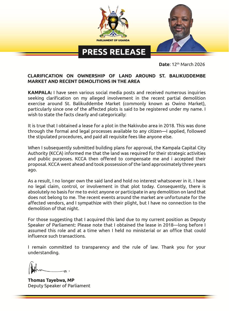 muyangalutaaya's tweet image. Setting the record straight on the Owino Market saga: Thomas Tayebwa has NO stake in the controversial land. KCCA took over years ago. The recent demolition? Illegal and unauthorized. 📑 #UgandaNews #https://www.youtube.com/@muyangalutaaya