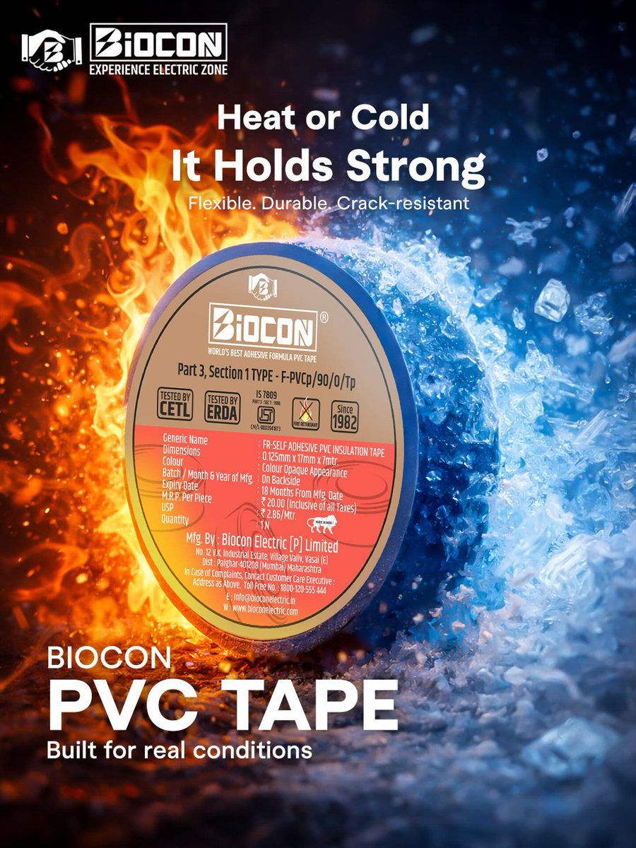 Biocon_India's tweet photo. From heat to cold, strong protection matters. 🔥❄️
Biocon PVC Tape is built for real conditions—flexible, durable, and crack-resistant.

📞 Toll Free: 1800-120-555 444
🌐 https://t.co/kAUJdeIp7e

#bioconelectric #pvctape #durableprotection #electricalinsulation #builttolast https://t.co/blH4Fg5LAR