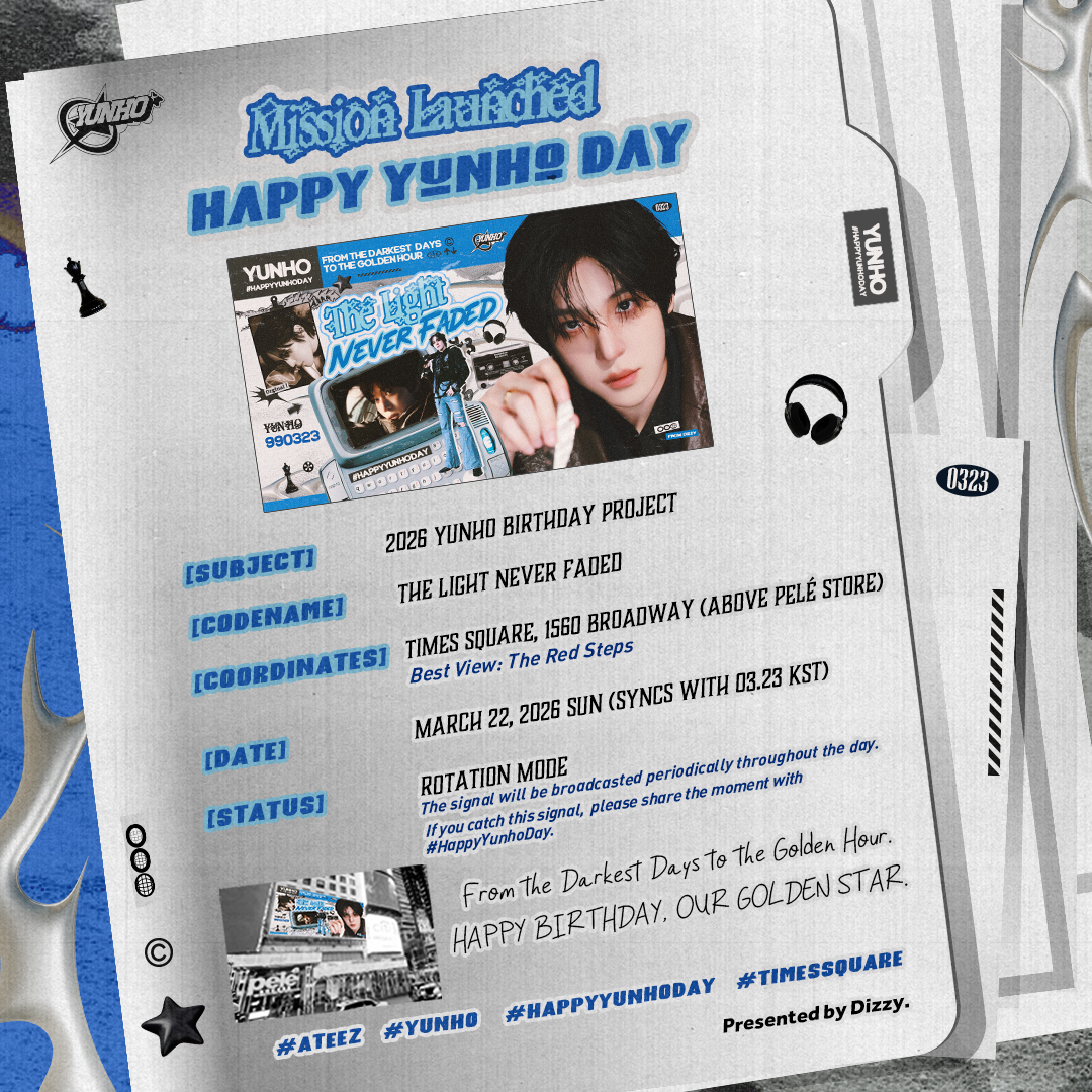 DizzyYunho's tweet photo. FROM THE DARKEST DAYS TO THE GOLDEN HOUR.
✨THE LIGHT NEVER FADED✨
2026 YUNHO BIRTHDAY PROJECT
📍 1560 Broadway (Above Pelé store)
📅 03.22.2026 (Syncs 03.23 KST)
⏱️ 15s/hr (Rotate Mode)
Share with #HappyYunhoDay 🗽
 #ATEEZ #YUNHO #TIMESSQUARE 
#에이티즈  #윤호  @ATEEZofficial https://t.co/E1pEOp7cSV