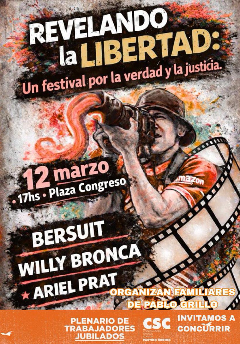 Al cumplirse 1 año de la brutal represión en que fue gravemente herido  Pablo Grillo por las fuerzas de represion de la policia gendarmería prefectura etc, concurrimos los jubis hoy , al festival que se realiza hoy por Justicia por Pablo, a las 17.30 en Solis e Hipolito irigoyen