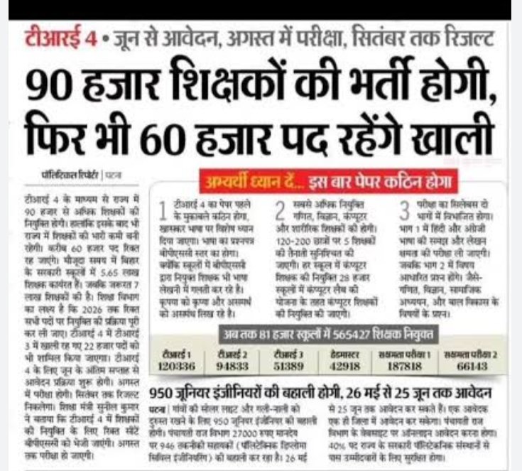 आदरणीय श्री नीतीश कुमार जी, भाजपा वाले हर हाल में 9 अप्रैल 2026 के पहले आपको मुख्यमंत्री पद से इस्तीफा देने को बाध्य कर देंगे। इसलिए जाते-जाते आप कम से कम #TRE4 की प्रक्रिया तो शुरू करवा देते। कहां 2025 में हीं #टिआरई4 की प्रक्रिया पुरी होने वाली थी, अभी मार्च 2026 गुजर रहा है और