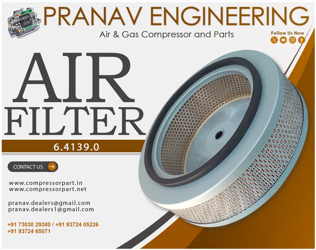 PranavEngg's tweet image. PRANAV ENGINEERING 
AIR FILTER 
6.4139.0
ORDER NOW!!!
#pranavengineering 
#compressor #compressorparts #airfilteration