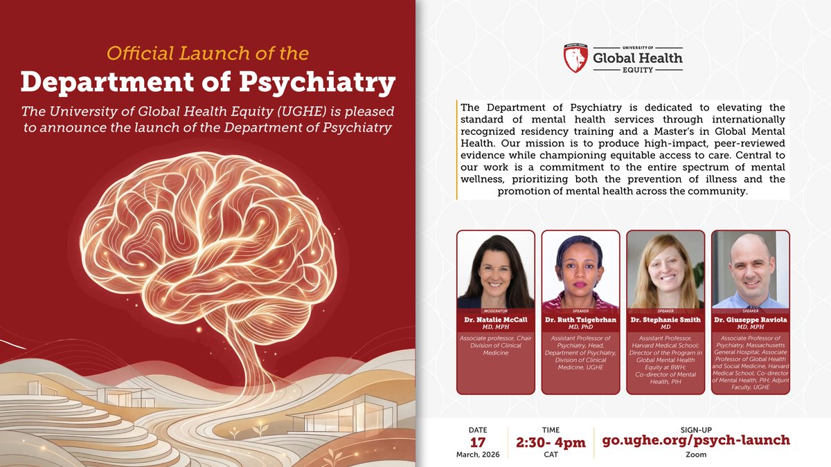 ughe_org's tweet photo. We are thrilled to announce the launch of the Department of Psychiatry at #UGHE, established to strengthen mental health education, research, and care in Rwanda and beyond. The department will train psychiatrists, advance research, and promote mental health and wellbeing across communities. 

Join us for a special webinar on March 17, 2026, from 2:30 PM CAT. 

Register here to learn more: https://t.co/zhnu6I47Xz 

#MentalHealth #Psychiatry #GlobalHealth