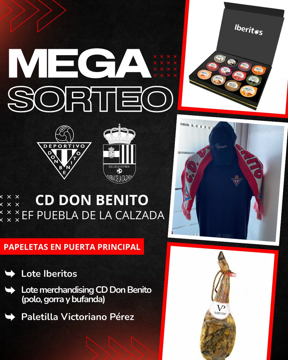 CDDonBenito_'s tweet photo. 🎁 El domingo tendremos nuevo #MEGASORTEO en el Vicente Sanz ‼️

🎟️ Las papeletas se podrán adquirir en la puerta principal del estadio antes del comienzo del #DonBenitoPuebla.

Agradecer a @iberitos y #VictorianoPérez la colaboración 🔴⚪️

#JuntosVolveremos https://t.co/eh8jAsDZaY