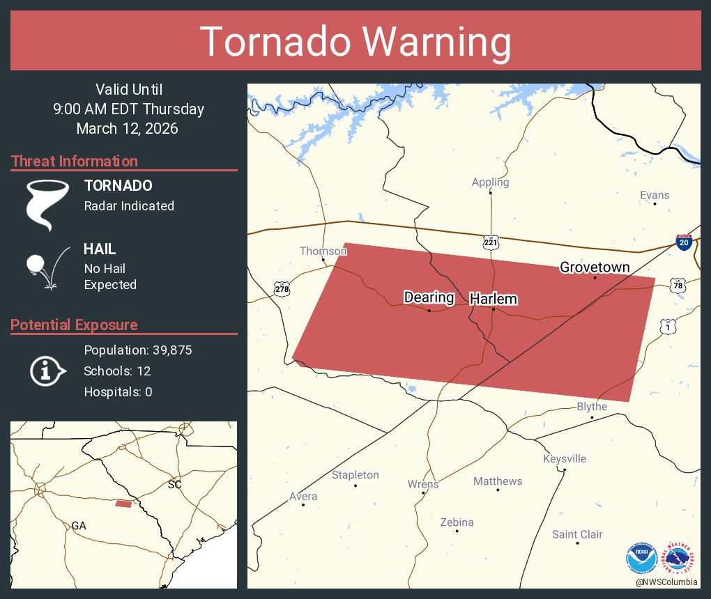 NWStornado: Tornado Warning including Grovetown GA, Harlem GA and  Dearing GA until 9:00 AM EDT