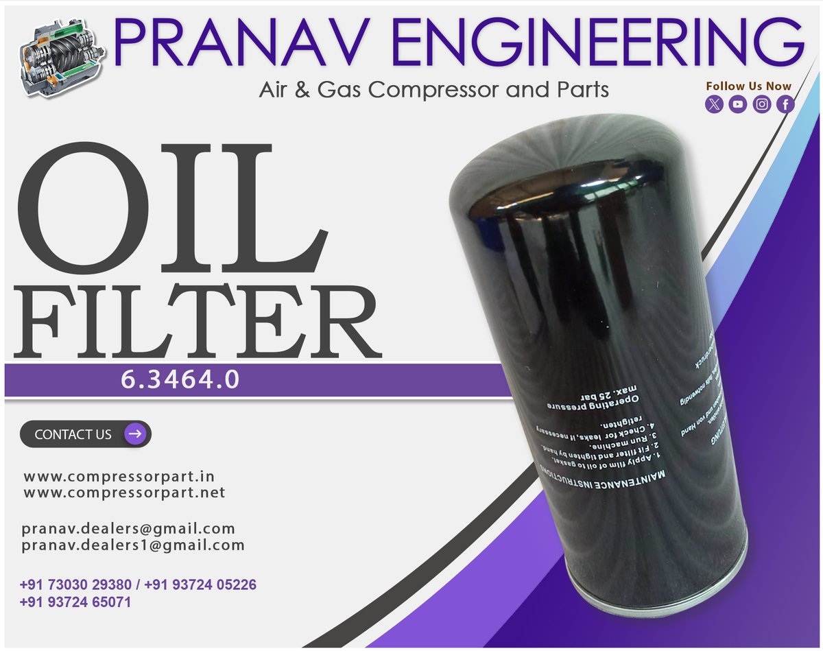 PranavEngg's tweet image. PRANAV ENGINEERING 
OIL FILTER 
6.3464.0
ORDER NOW!!!
#pranavengineering 
#compressor #compressorparts #airfilteration