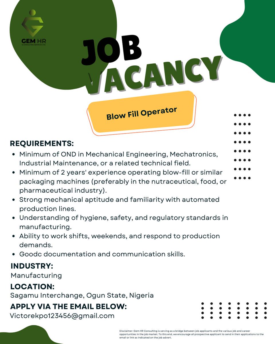 gem_hr's tweet image. 🔥Urgent Hiring: Blow Fill Operator!🌟Location: Sagamu Interchange, Ogun State.💌APPLY: Victorekpo12345@gmail.com⏳Act fast—this opportunity won't last! 👥 Know someone ideal? Tag them! #BlowMoulding #PETPackaging #PlasticIndustry #PackagingSolution #MachineOperator #sagamu