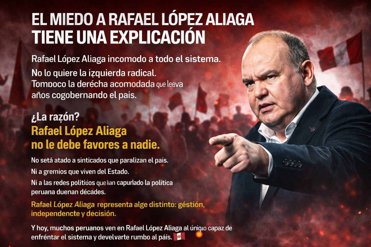 ‼️EL MIEDO A RAFAEL TIENE UNA EXPLICACIÓN.‼️
El panorama electoral ha dejado algo muy claro:
<a href="/rlopezaliaga1/">Rafael López Aliaga</a> incomoda a todo el sistema.
No lo quiere la izquierda radical.
Tampoco la derecha acomodada que lleva años cogobernando el país.
¿La razón?
“RAFAEL NO LE DEBE FAVORES A