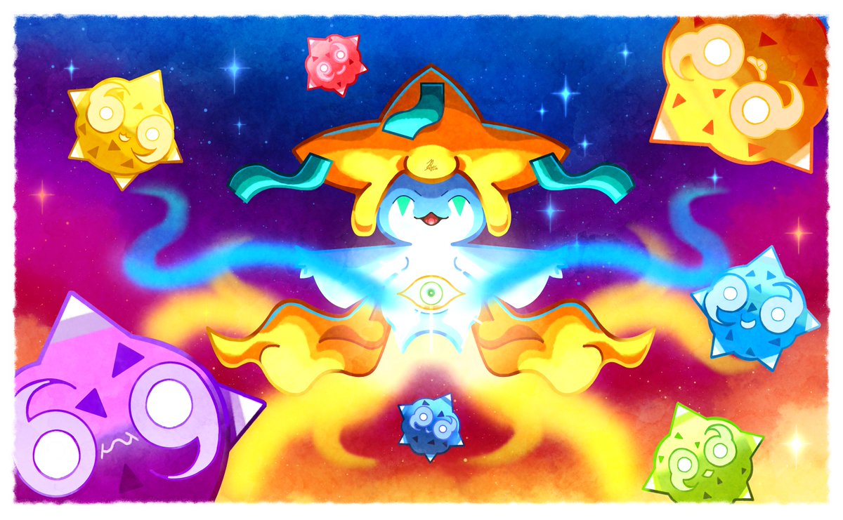 Javieriane's tweet photo. "Wishing Upon Stars~" - artwork by me w/ a bordered version! #pokemonfanart #pokemon #fanart #jirachi https://t.co/WtSQKwX9KE