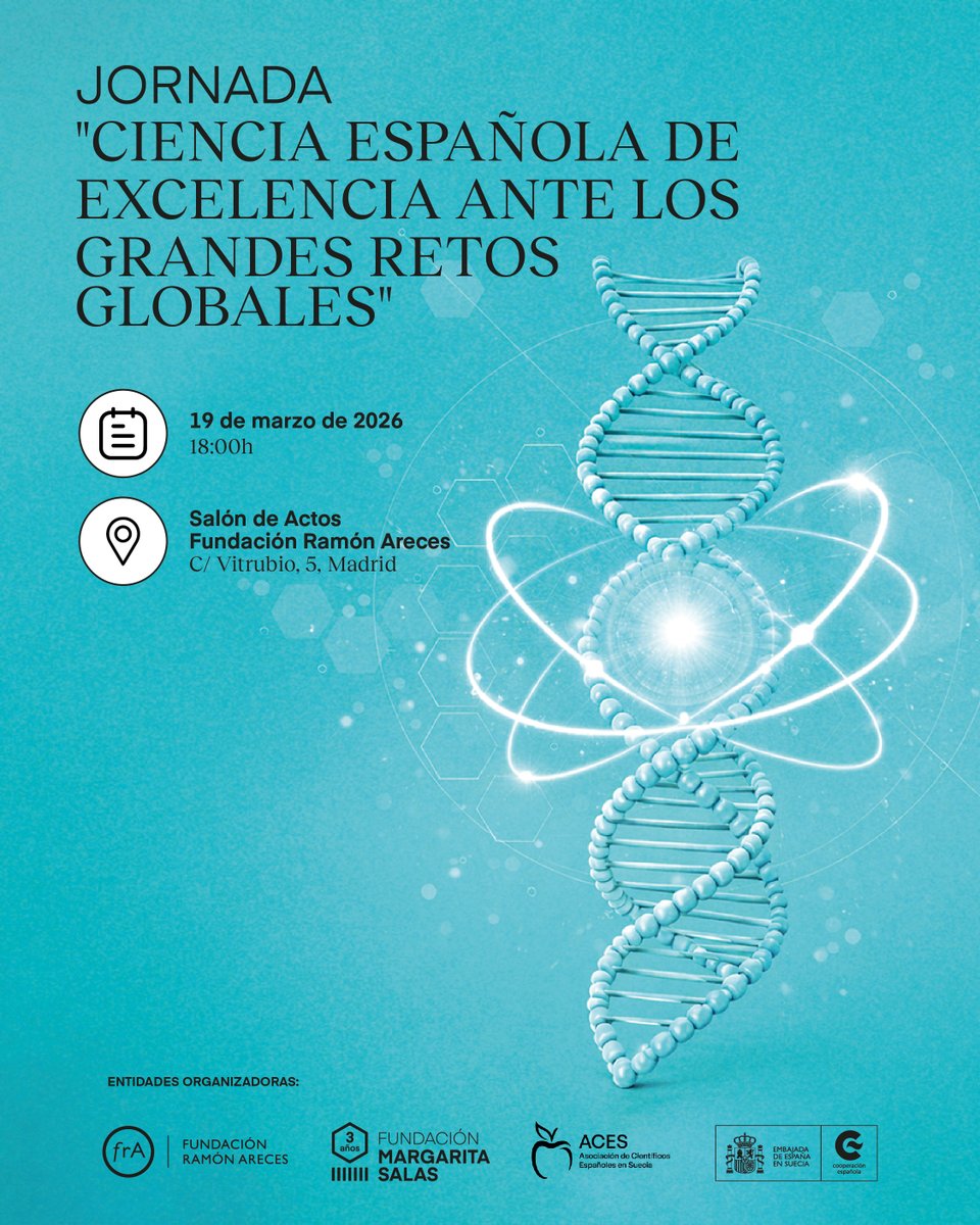 MsalasFundacion's tweet photo. La ciencia española de excelencia tiene mucho que decir ante los grandes retos de nuestro tiempo.

En el V Aniversario de los Premios ACES Margarita Salas, investigadores premiados debatirán sobre salud, energía y sostenibilidad.

📅 19 de marzo de 2026
🕕 18:00 h
📍 Salón de Actos Fundación Ramón Areces (Madrid)

👉 Inscríbete aquí: https://t.co/8ieGkVtqbU