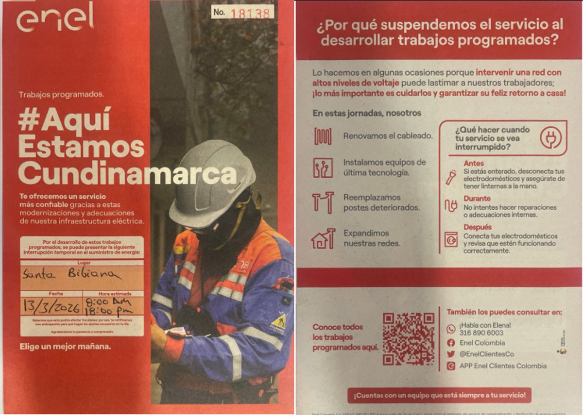 sinaltraedu's tweet photo. 📢 #Atención | Reportamos corte de energía programado por @EnelClientesCo en el sector de Santa Bibiana para este 13 de marzo.
🕒 Horario: 8:00 AM - 6:00 PM. 🛠️ Motivo: Modernización de redes.
¡Profe, desconecta tus equipos y planea tu día con tiempo! ⚡🏠 #Bogotá @EnelColombia https://t.co/WGBxm9uXtV