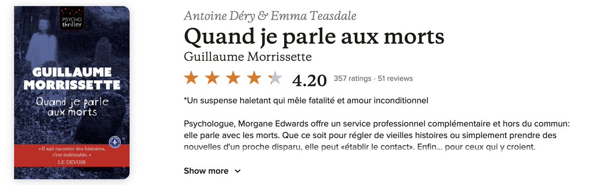 carbmac's tweet image. Je suis à mi-chemin dans ce livre et c'est super bon ! Je vous le recommande : Quand je parle aux morts, de Guillaume Morrissette.

#Lecture
