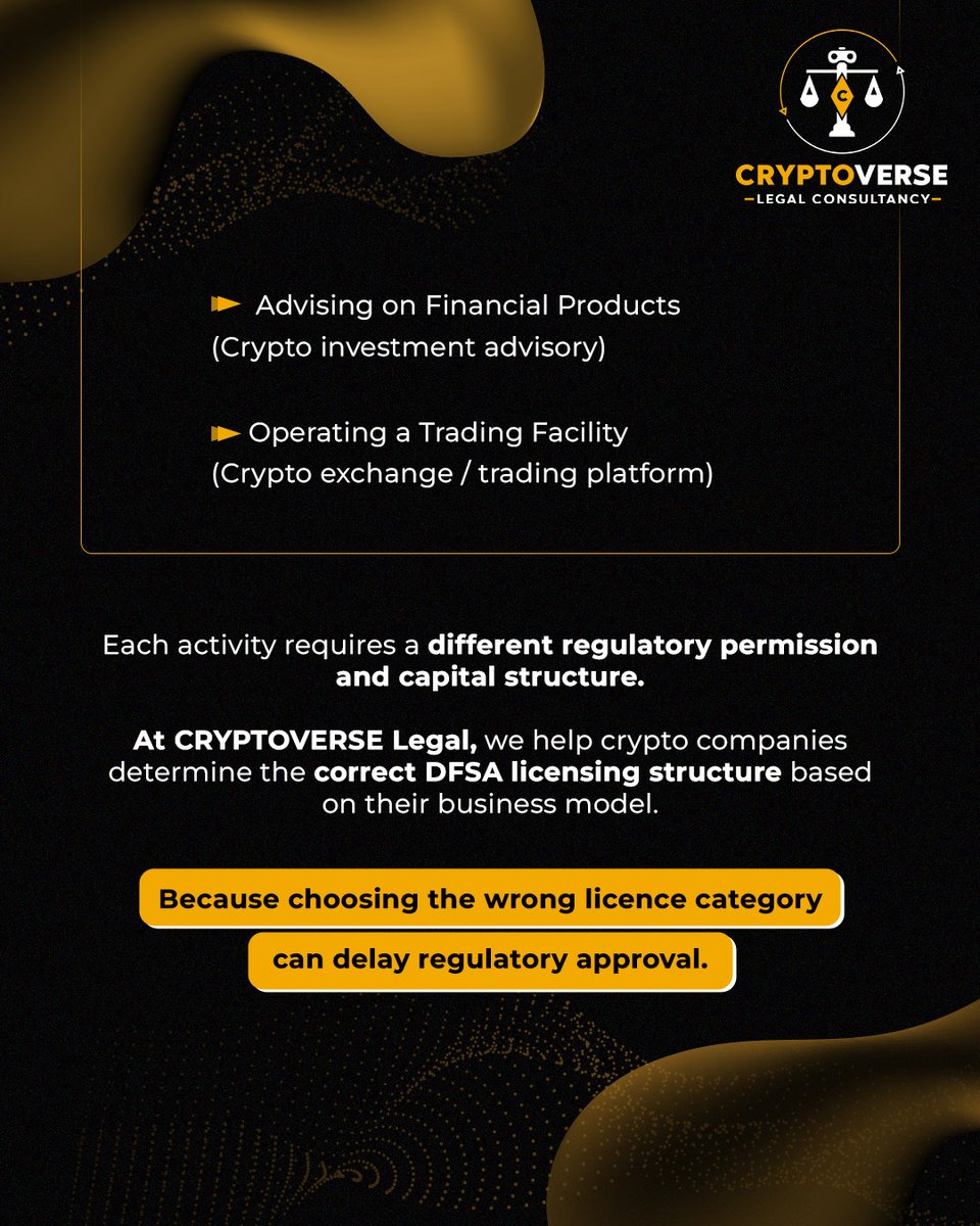 cryptoverselaw's tweet photo. Many founders search for a “Crypto Licence in DIFC".

But the truth is — there is no single crypto licence issued by DFSA.

Instead, the DFSA regulates specific crypto-related financial activities, and each activity requires a different regulatory permission and capital structure.

That’s why choosing the right licence category is critical before starting your application.

At Cryptoverse Legal Consultancy, we help crypto founders identify the correct DFSA licensing structure based on their business model.

🚀 Planning to launch a crypto business in DIFC?
Let’s discuss the right regulatory path for you.

📩 Send us a DM to get started.

#Crypto #DIFC #DFSA #CryptoRegulation #DubaiCrypto #Web3 #Blockchain #CryptoStartup #FintechDubai