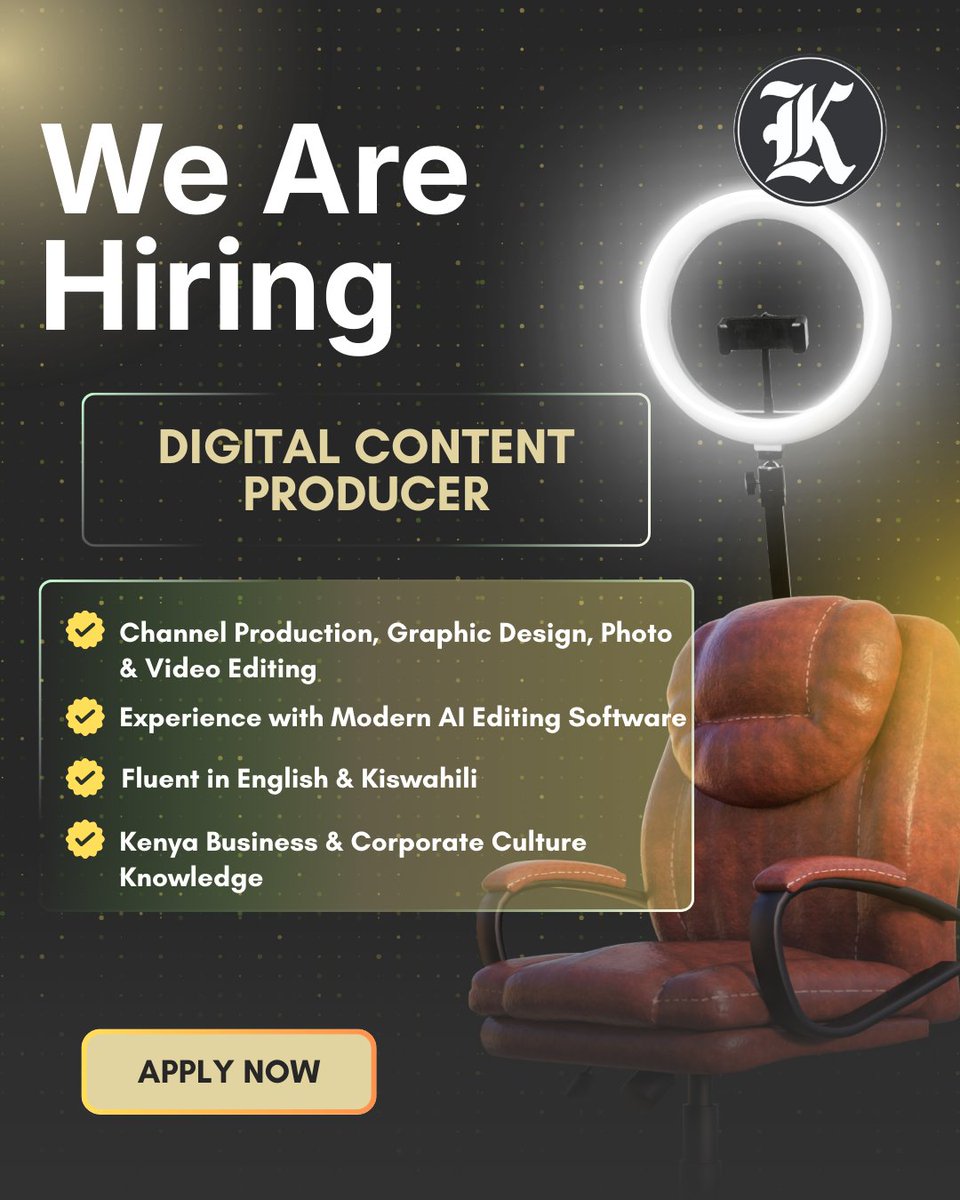 kenyanwalstreet's tweet photo. We are Hiring !

The Kenyan Wall Street is seeking a creative storyteller who can film, edit, design, and produce engaging digital content across our platforms.

If you understand Kenya’s business landscape and have experience in video production, graphic design, and digital storytelling, we’d love to hear from you.

📩 Think you’re a fit? Send your CV and click the link to apply - https://t.co/6Vfdq9yqRj