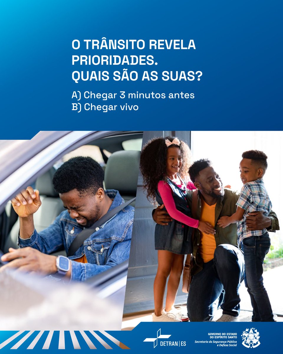 O trânsito revela prioridades. Chegar antes ou chegar bem?
Toda escolha tem impacto coletivo.
#DetranES #TrânsitoSeguro #Responsabilidade
