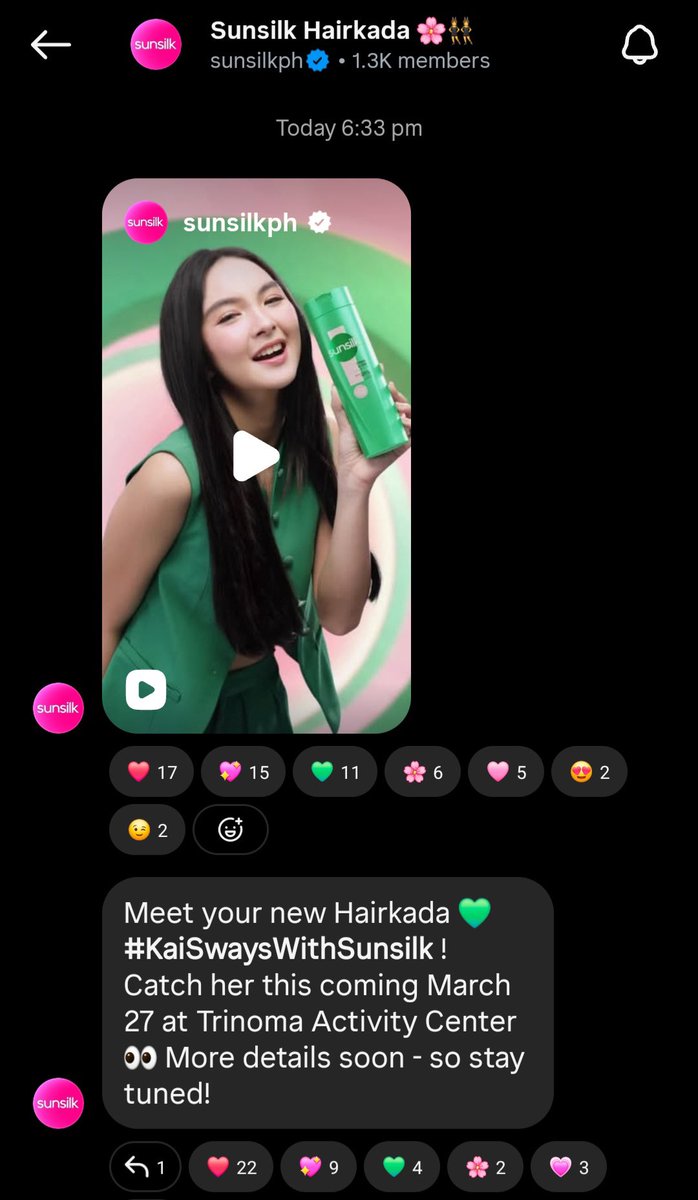 Kaimates, let’s join the Sunsilk IG Channel to stay updated on Kai’s Sunsilk journey!

Don’t miss the chance to see Kaisha at the Trinoma Activity Center on March 27! Let’s show our love and support, celebrate beautiful hair, and embrace the confidence that shines through every