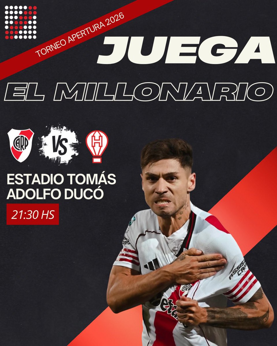 AhoraRiver's tweet image. 👉🏻Juega el millonario🤍❤️🤍
⚽️River Plate Vs. Huracan
🏆 Torneo Apertura 2026
🕘 21:30 Hs.
📺 ESPN PREMIUM 
🏟️ Estadio Tomás Adolfo Ducó
#RiverPlate #AhoraRiver #soyderiver #MasMonumental #monumental