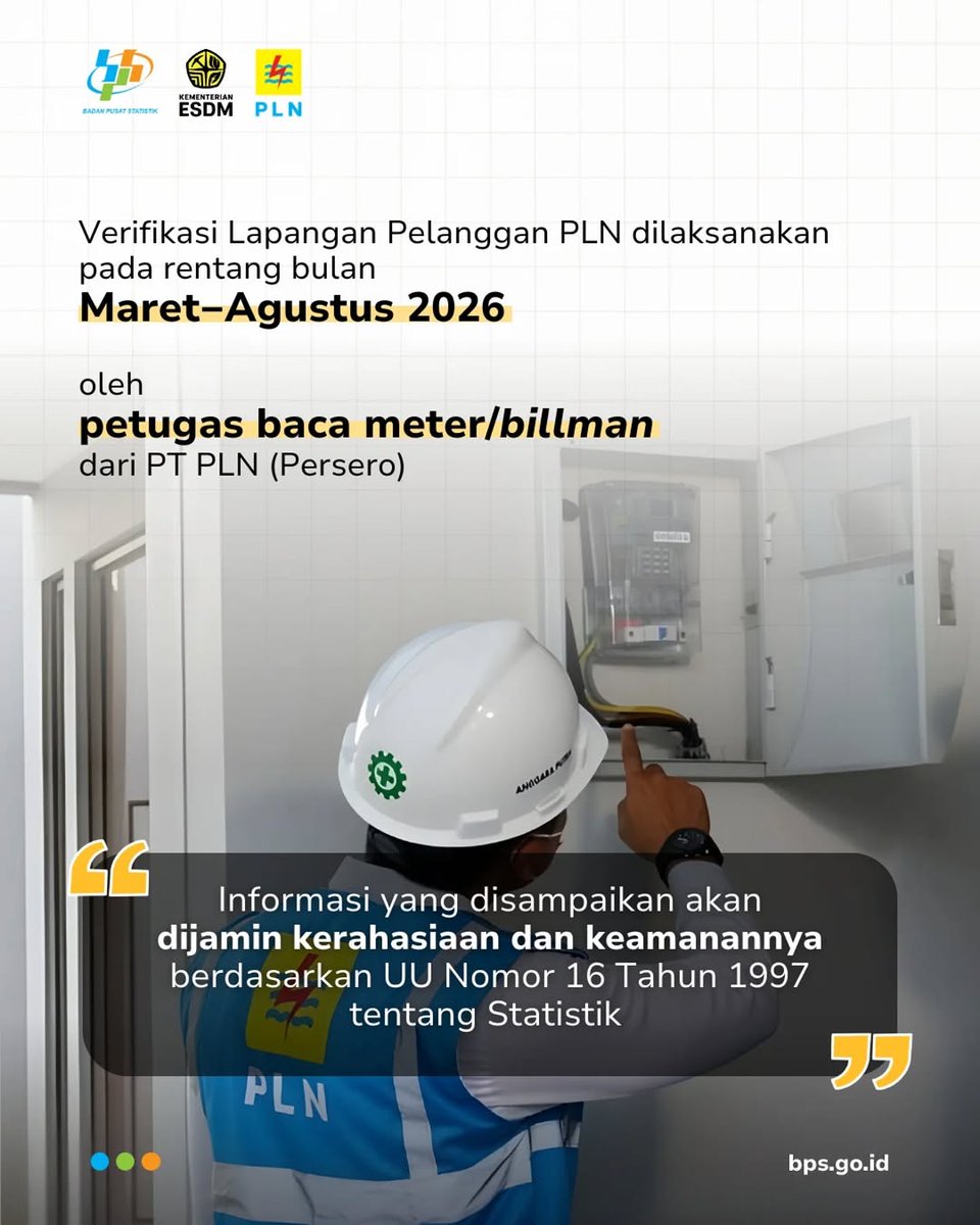 Verifikasi Lapangan Pelanggan PLN merupakan pendataan pelanggan listrik yang mencakup informasi ID pelanggan/nomor meter serta data penghuni rumah atau bangunan tempat tinggal, yang dilaksanakan oleh PT PLN (Persero) bekerja sama dengan BPS.