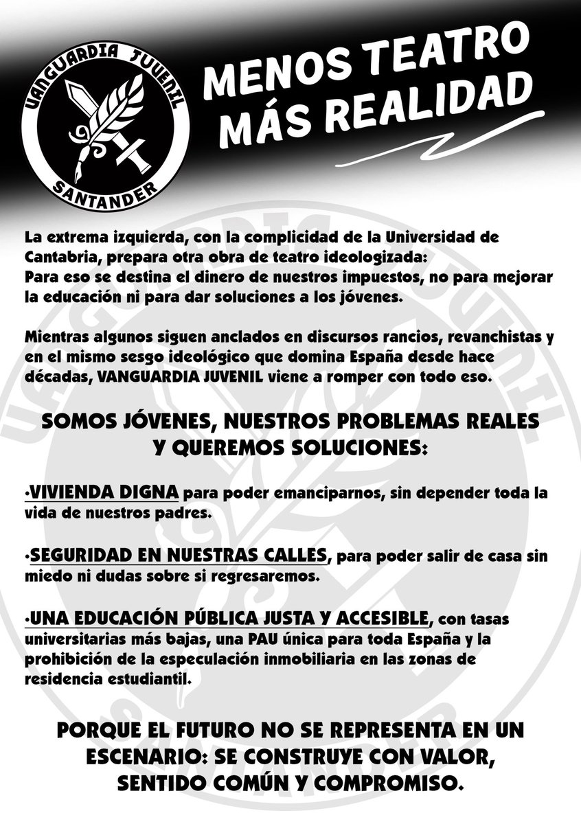 VJEsp_'s tweet image. 📍Santander, hoy estuvimos en la universidad de Cantabria para mostrar nuestra repulsa ante una “obra de teatro” politizada por la extrema izquierda y pagada con los impuestos de todos los Cántabros.
¡Abordemos los verdaderos problemas de la juventud española! 🪶⚔️ #UC #Santander