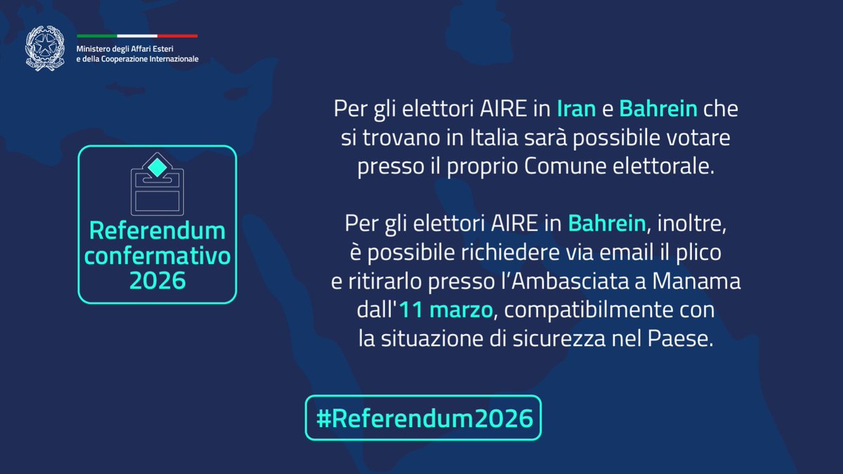 🔴A causa dell’attuale crisi nella regione del Golfo, gli elettori AIRE in Iran e Bahrein che si trovano in Italia potranno votare presso il proprio Comune elettorale, anche senza aver esercitato l’opzione nei termini previsti. Si invitano gli interessati a verificare la propria