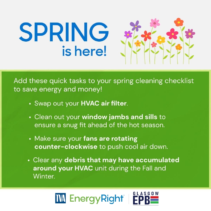 Happy first day of Spring! 🌼🌷
As we prepare to clean our homes, don't forget about energy efficiency! These simple to-do items from TVA EnergyRight save energy and money.  Want to learn more about saving energy at home? Visit EnergyRight.com/education-advi… 💡