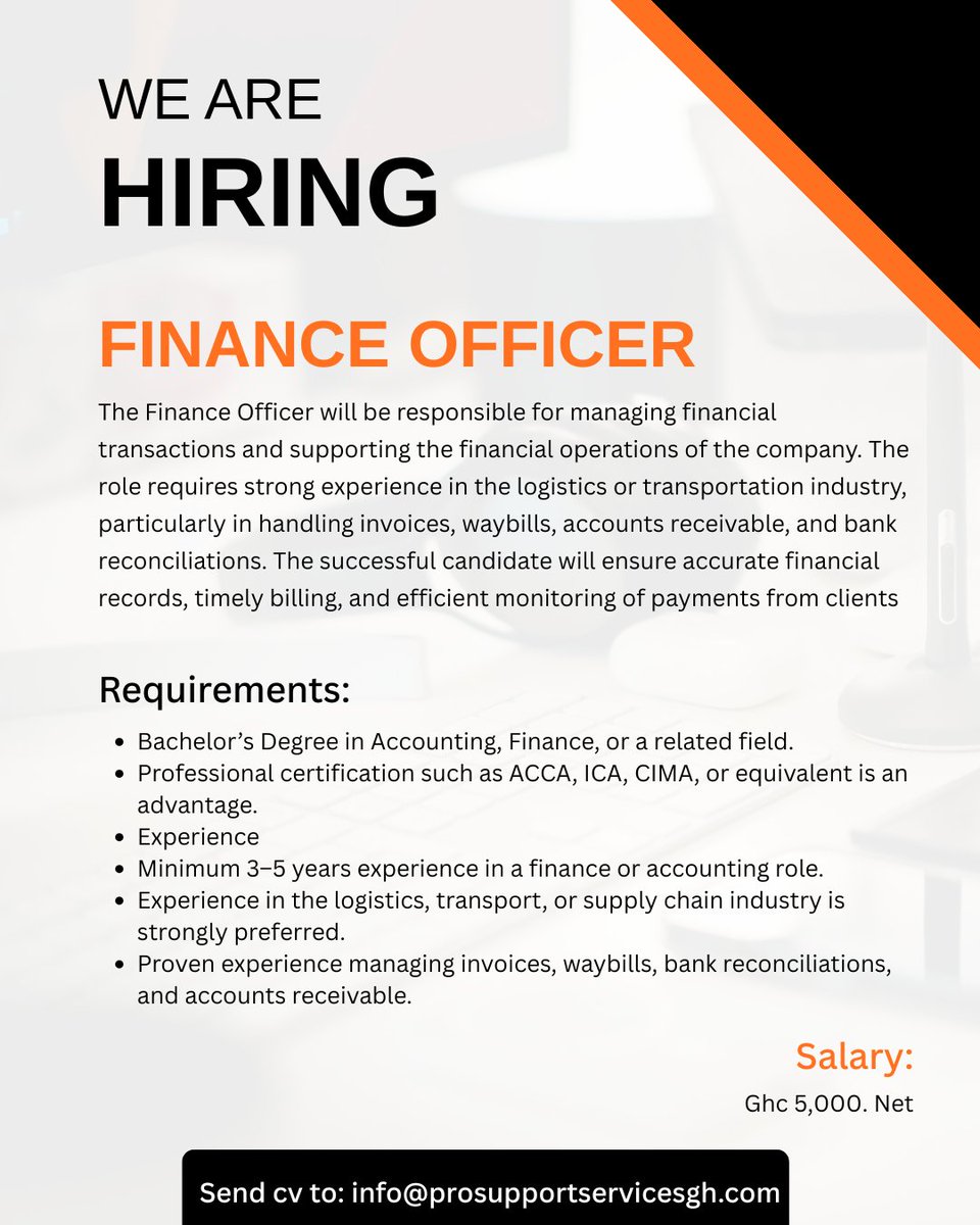 ProSupportgh's tweet photo. 📢 We’re Hiring:
FINANCE OFFICER
Sal: Ghc 5,000.00 Net
Apply: info@prosupportservicesgh.com
#Hiring #hrandadmin #GhanaJobs #accra #GhanaNews #MTN #jobsinghana Abu trica #vacanciesgh #accra #abutrica #Daavi #financeofficer #GhanaMonthOnHitzFm https://t.co/OB4cjrz8uU