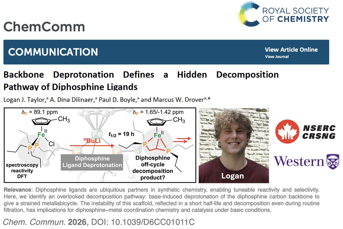marcuswdrover's tweet photo. 🚀 Our latest: "Backbone Deprotonation Defines a Hidden Decomposition Pathway of Diphosphine Ligands” Now out in @ChemCommun! Work done by graduate student, Logan Taylor! 💪

🔗 url: https://t.co/DMWGjwOI8h https://t.co/LWA7IgRnXa
