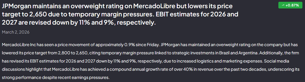 eldaminato's tweet photo. Hoy JP Morgan hizo downgrade de $MELI a neutral y redujo PT a $ 2100 desde $ 2650, con la cotización en $ 1740.

Los motivos:
-Mas competencia en Brasil por parte de Shopee.
-Altos niveles de inversión de $MELI que ponen presión en los márgenes.
-Redujeron estimaciones de márgenes de largo plazo al 14% y esperan ganancia operativa del 2026 que sea menor al consenso.

Debajo les recuerdo lo que decía JP Morgan sobre $MELI hace apenas 10 días atrás donde se mantenía OW con PT de $ 2650 (50% por encima del precio de la acción) visualizando presión temporal en los márgenes, tal como resaltan ahora. 

En el medio no hubo presentación de resultados y/o eventos relevantes que afecten al negocio.

Cada uno sabrá que hacer.

Este servidor volverá a incrementar posición.
