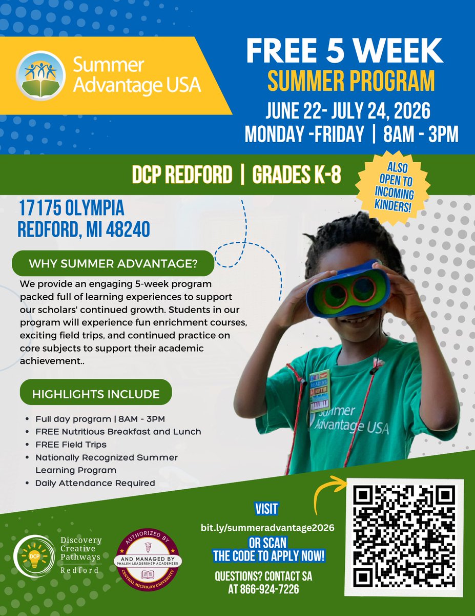 Sporty313's tweet photo. DCP Redford is offering a FREE all day summer program this summer. Incoming kindergartners to incoming 7th graders will get 25 days of learning and enrichment. Now accepting DCPR and non-DCP scholars! Just scan the code! #detroit #DCPLions https://t.co/w8YGE5gX7n
