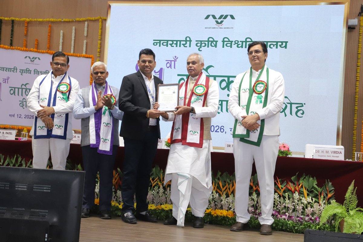 The 21st Annual Convocation of Navsari Agricultural University, Navsari was successfully held today i.e. on March 12, 2026 in the august presence of Hon’ble Governor of Gujarat and Chancellor of the University, Shri Acharya Devvrat ji, who presided over the ceremony as President.
